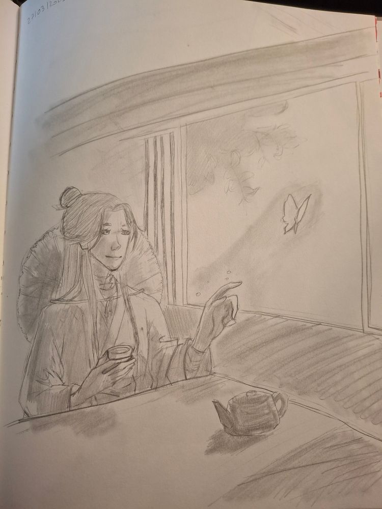 Xielian, drinking tea, looking through a window and extending a finger for a butterfly