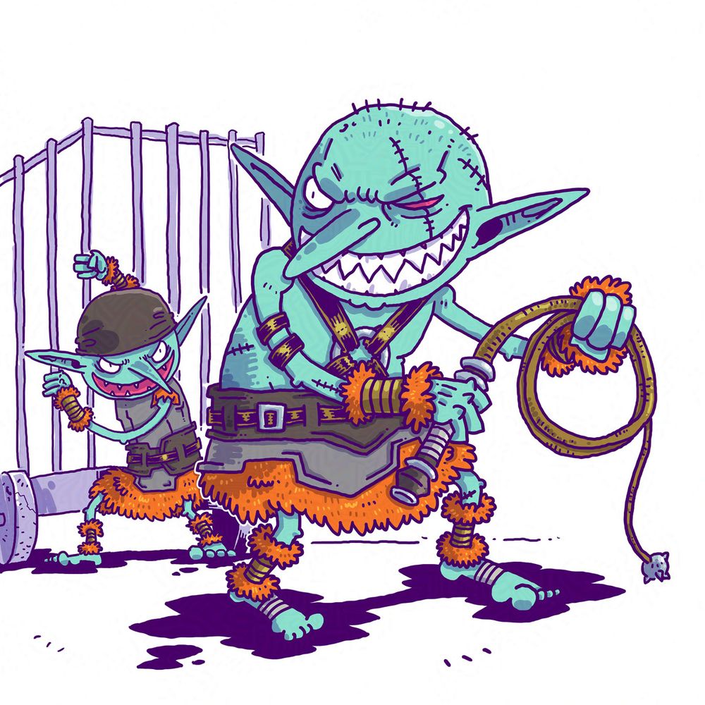 The goblin bandit scout pulling in a cage on wheels in the background. A goblin taskmaster with a scar running across his left side of face is grinning wickedly in the foreground holding a long whip with both his hand.