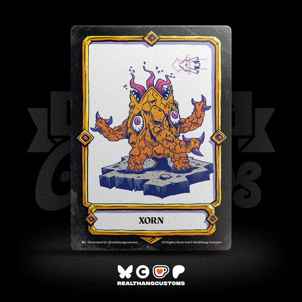 A xorn monster drawn as sample art of full-colour commission art service. Xorns were very odd-looking creatures. They had radially symmetrical bodies with a large mouth at the top surrounded by three long arms interspersed with their three eyes. Their wide, pebbly, and rocky bodies rested upon three stumpy legs. They had talons at the end of their arms. On top left is a scribble of how move around by spinning their body & drilling forward underground. Drawing imagined as a collectable card.