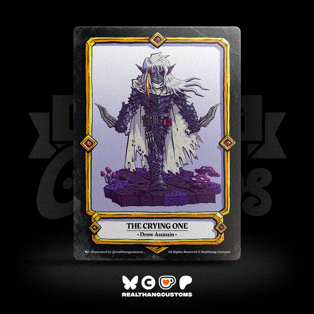Drawing of an angry drow in dark grayish purple armor, he is holding 2 daggers walking on a rock/stone platform with fungi & mosses on top. The drawing is re-imagined as a trading card with black background & gold frame, the character's name, race & class is in a gold frame at the bottom of the card.