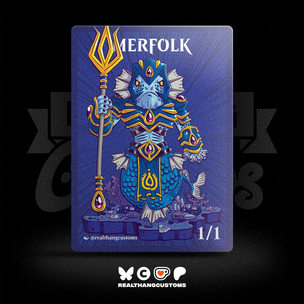 A MtG token card with a Merfolk holding a trident in it. The overall hue is in blue. The Merfolk wears a blue & gold chest armor. Beneath him is a piece of seabed with sea shell, seaweed, rocks coral, etc. Zoom lines in the background. "MERFOLK", "1/1" & "@realthangcustoms" text are incorporated in the card design.