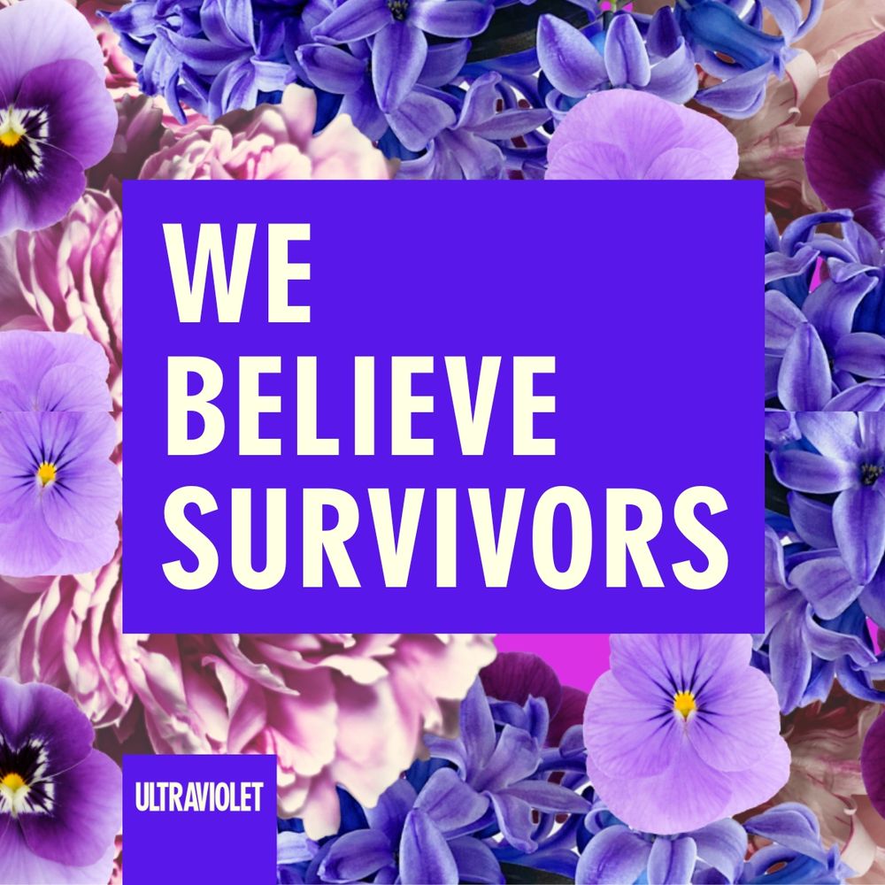 Purple flowers with We Believe Survivors overtop, by UltraViolet.