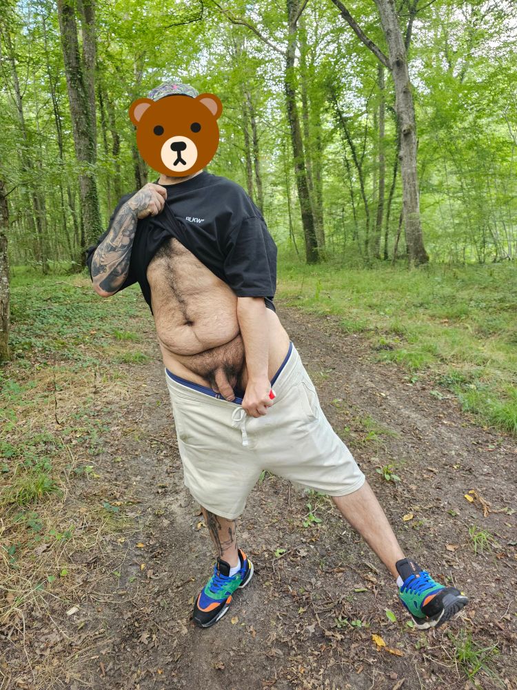 A little bear in wood . Cock free in a mushroom ride 