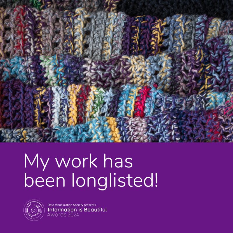 Banner announcing that my work has been longlisted for the Information is Beautiful Awards 2024. The snippet image shows a detailed short of a colourful, stripy crochet scarf.