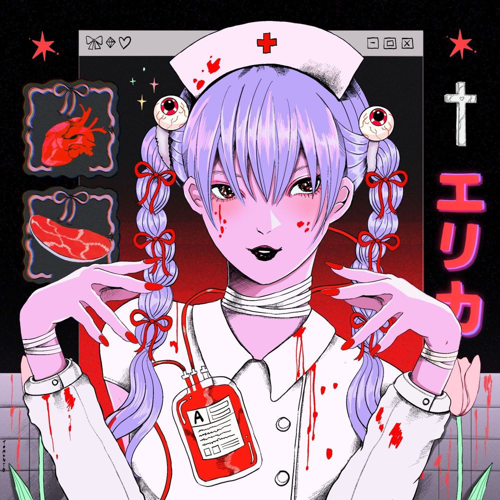 a nurse was stained with blood, she has purple twin-tail hair.