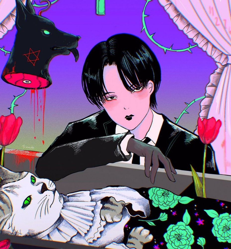a boy with his dead cat in the coffin, he has a black bob hair in black suit.