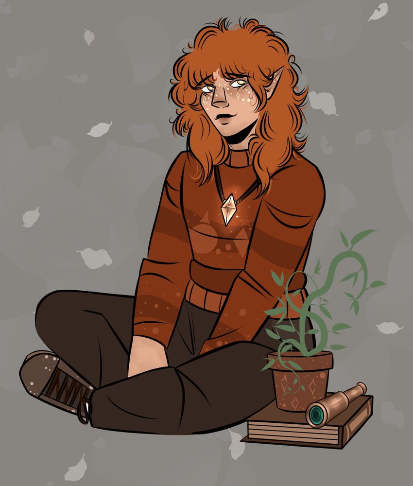 A full body drawing of @/dustyd00dles oc Eden. They're sitting cross legged with their hands in their lap. She is light skinned, with orange fluffy/curly hair that reaches her shoulders, pointed ears, white freckles, and amber eyes with white pupils. 

They're wearing an brownish orange sweater with stripes and space patterns on it, brown pants, and light brown shoes.  They have a cream colored glowing crystal necklace around their neck, and a potted plant, book, and telescope are set by their lap. 
