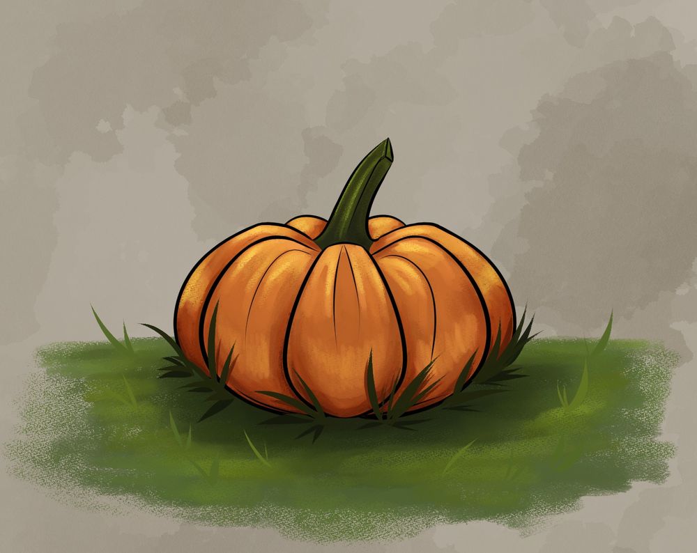 A drawing of an orange pumpkin. Its set upon roughly colored grass, with a watercolor stained beige background.
