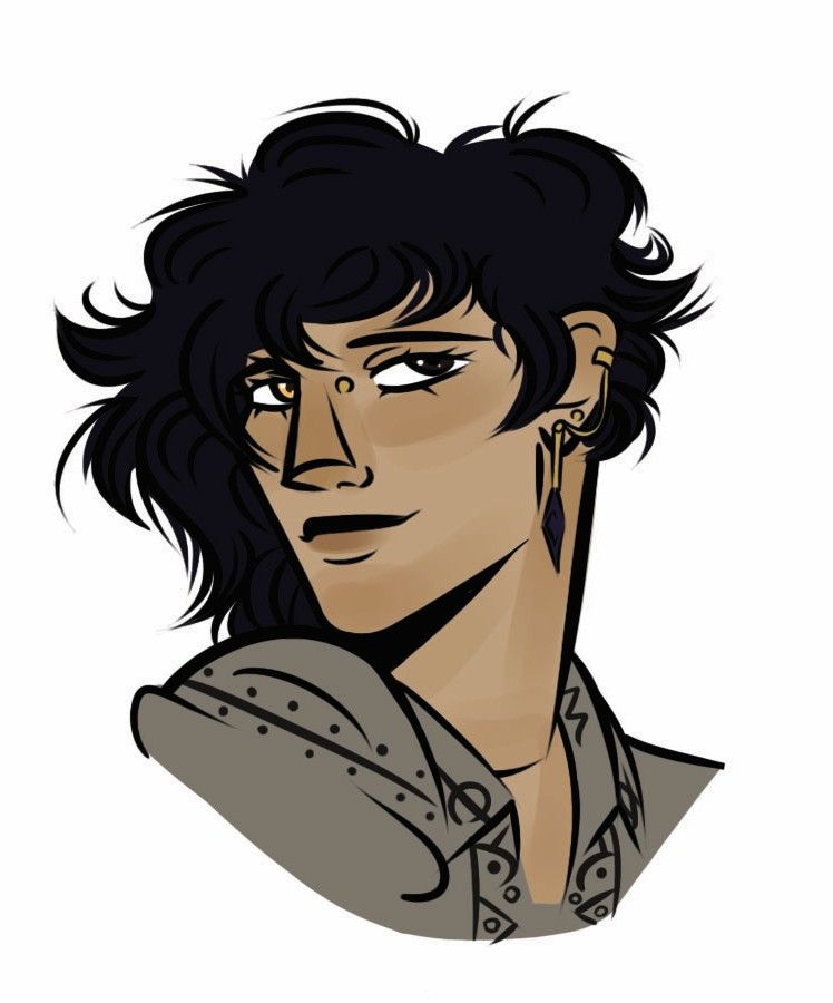 A shoulders-up drawing of op's oc Harrowed Omens. They're posed looking over to the left, with their shoulder raised to their chin. They have olive toned/light tan skin, heterochromic eyes  (left gold, right dark brown), and a soft smile on their face. They have dark, fluffy, asymmetrical hair. They're wearing a dangly earring with a purple crystal at the end, and there's a golden chain earring attached to that. The top of their grey, embroidered top is visible.