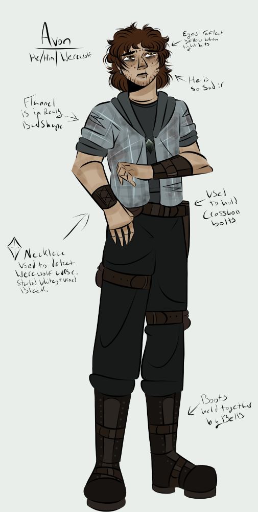 A full body drawing of op's oc Avon. Avon has pale skin, neck length reddish-brown hair, brown eyes with yellow highlights, and scruff around his chin and jaw. He has a sad, hurt expression on his face and bags under his eyes.

In this version, he is wearing a light blue, tattered and battered flannel with a grey-blue fitted tank top underneath, dark grey-blue pants, and brown boots. He has a grey crystal necklace hanging from his neck, as well as mismatch brown bracers on his arms. Scars are visible, including a werewolf bite mark on his left shoulder. 