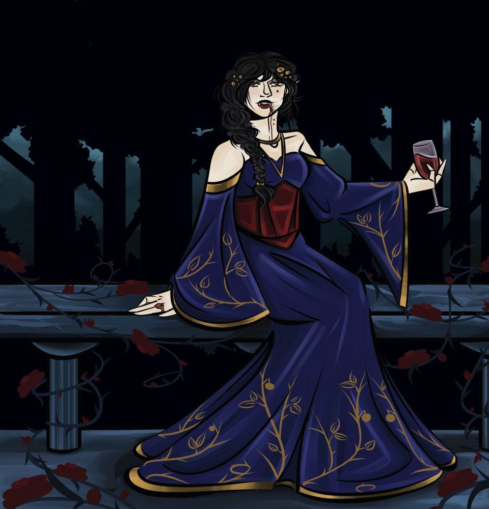 An illustration of a vampire sitting on what appears to either be a stone bench or a stone balcony. She is pale, with long dark hair pulled into a messily elegant braid, deep red eyes, and red lips. Her lips are parted into a grin, showing her fangs. Blood trickles down her mouth and neck, and is smeared on her face. 

She is wearing a flowing, elegant blue gown with gold embroidery and accents and a deep red corset. Some of the golden embroidery forms branches with apples hanging off. Her shoulders and neckline are exposed. She is posed with her right hand raised; she is holding a wine glass with an unknown red liquid inside. 

Behind her is a dark forest, and she is surrounded by weaving vines with roses growing on them. 