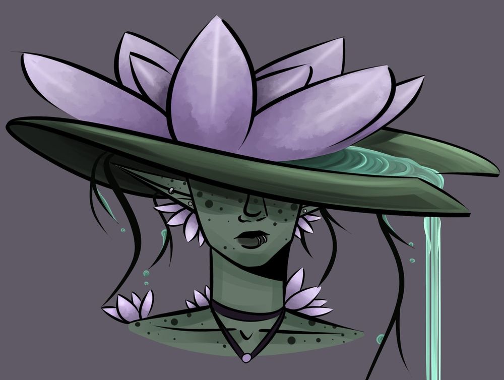 A shoulders up drawing of a feminine person with a water lily hat. Their skin is green and freckled, and they're covered in purple water lily blossoms. The water lily on their head is large and full of water which spills out the top, and a giant water lily blossom sits on top. 