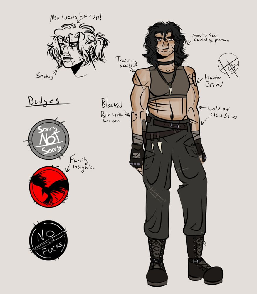 A full body drawing of Op's oc Thorne Crow. 

She is pose simply. Her skin is light but heavily tanned in some spaces. She has messy dark hair cut into a wolfcut, dark eyes with red highlights, and many scars. She's wearing a tan/grey cropped, fitted tank top,  baggy greenish-grey pants that sit at the hips, and brown boots. She's wearing a necklace with a monster tooth attached to it, and she has fingerless gloves with bandages underneath on her hands. 

On the (left) side of the image there are three different patches (a grey patch that says "sorry not sorry", a red patch with a crow insignia, and a black patch that says "no fucks" with a knife in the middle), and a uncolored shoulders-up drawing of Thorne with her hair pulled into a messy ponytail. 