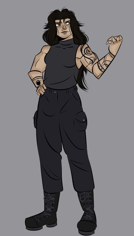 A full body drawing of Valkyrie Cain from Skulduggery Pleasant. She has light skin, long dark hair, and brown eyes. There are two tattoos on her right arm, one on the upper arm and one on the forearm, and one on her left forearm. She is drawn wearing a grey tank top with a high collar, black cargo pants, and black combat boots. 

She is posed with her left arm on her side, and her right arm raised. There is no lightning in the version of the drawing.