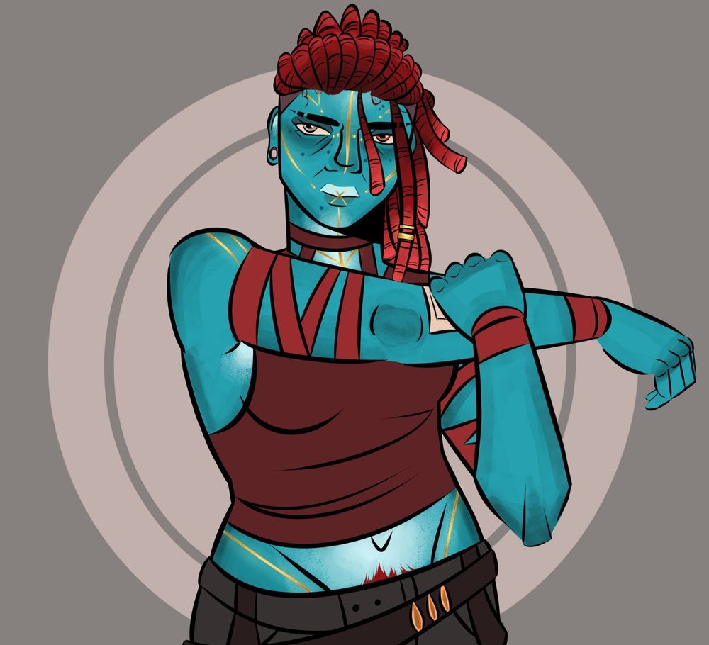 A half body drawing of @/pufffinn's character Scarlet. She is posed stretching her arm across her body. She has blue skin, red dreadlocks pulled into a ponytail, heterochromic eyes (one silver and one red), and golden markings across her body. She's wearing a red tank top, red wraps on her arms and wrists, and loose brown pants that sit at her waist.