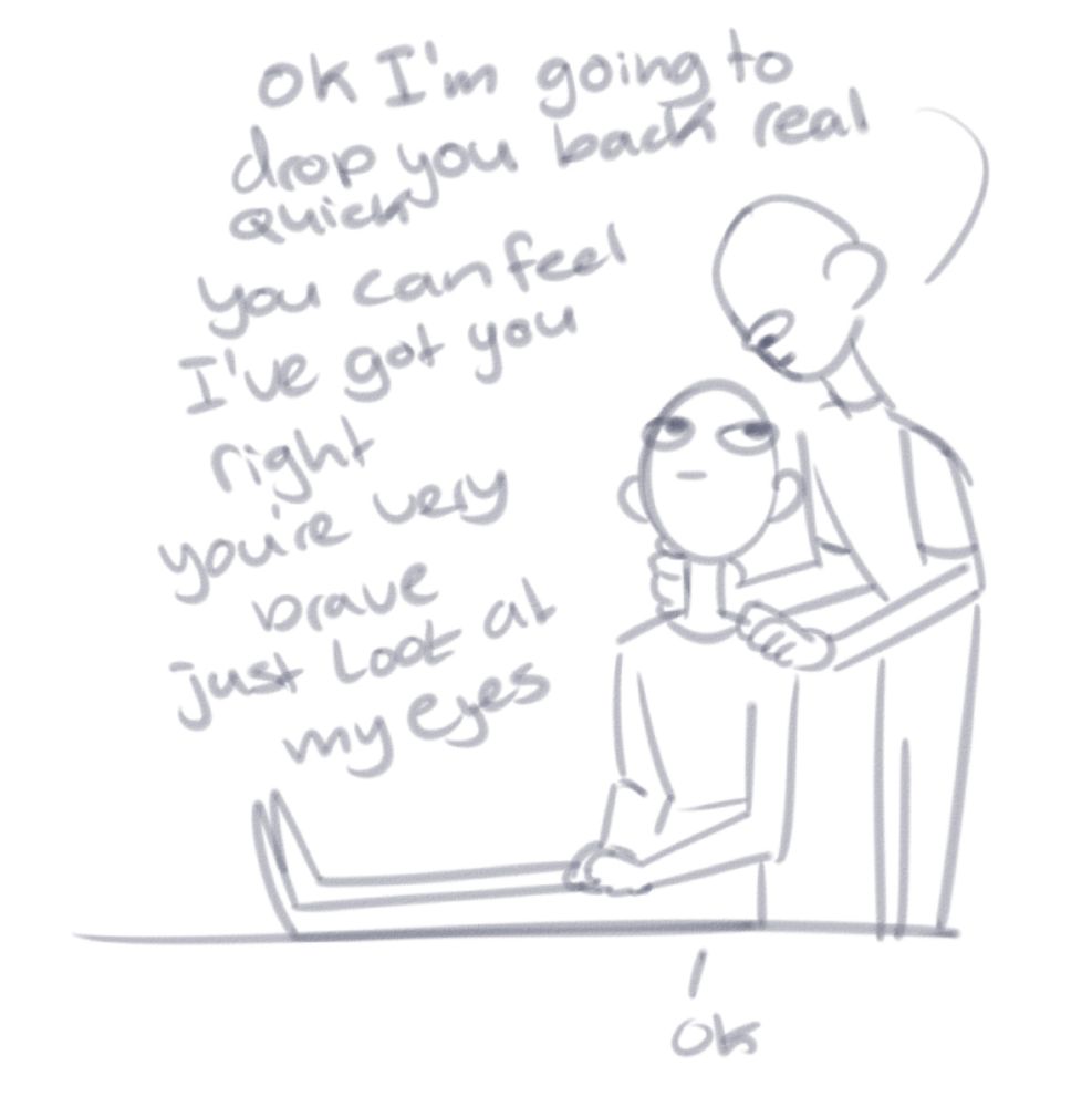 scribbled drawing of a character sitting on a flat surface legs stretched forward and hands in their lap looking awkwardly upward to the other character looming over them holding their neck and shoulder. Both are maintaining eye contact. 