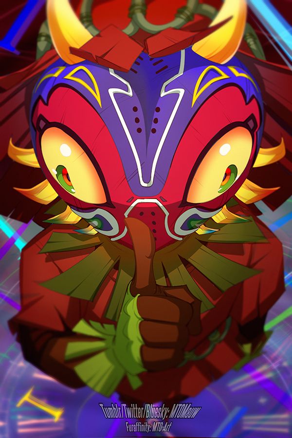 A digital drawing of skullkid wearing the majoras mask holding a finger to where his mouth would be in the 'make no sound' gesture