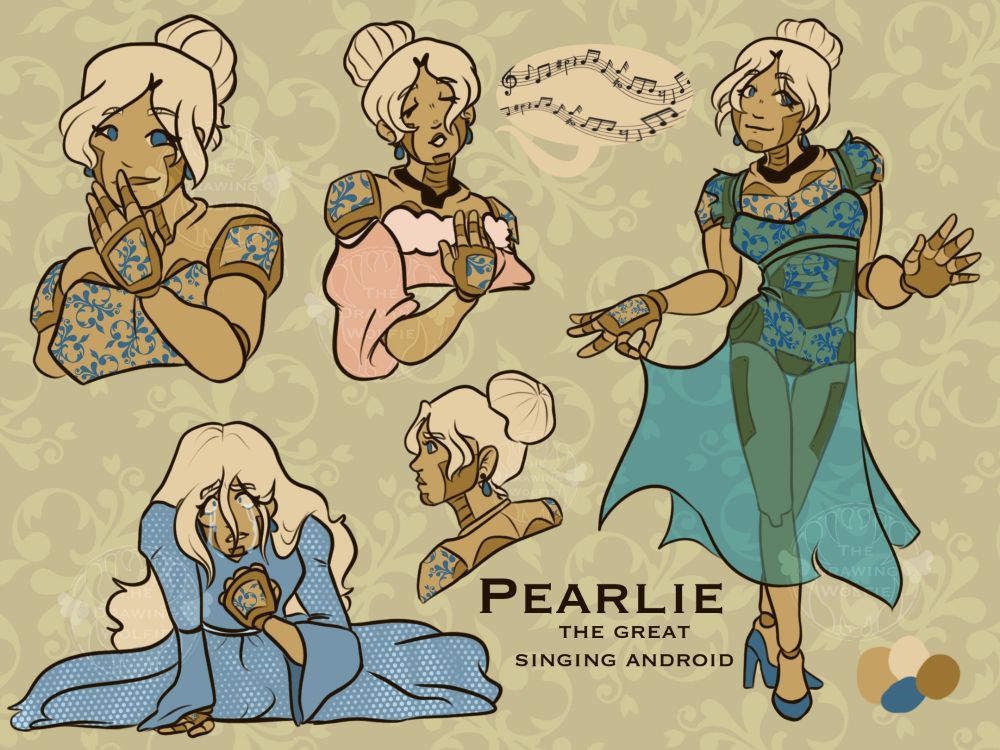 A reference sheet of a golden robot named Pearlie, the great singing android. She has platinum blonde hair and porcelain-style detailing on her body. 