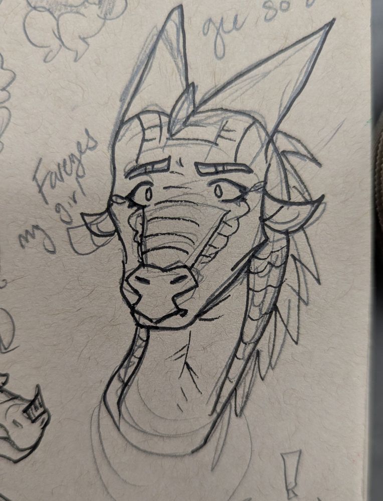 A sketchbook drawing of a dragon, specifically a NightWing from Wings of Fire. The expression shows slight concern. The name "Fareyes" is written next to her head. 