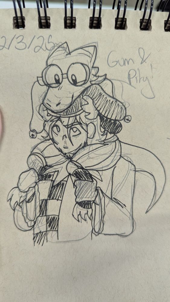A drawing of a Kobold riding the shoulders of a human jester. Both are smiling. 