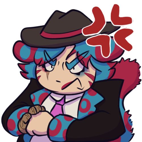a chibi-esque drawing of a woman with blue and magenta hair. she has leopard ears and a leopard tail as well as a wooden hand on her right side. she appears very angry and is cracking her knuckles while she glares elsewhere.