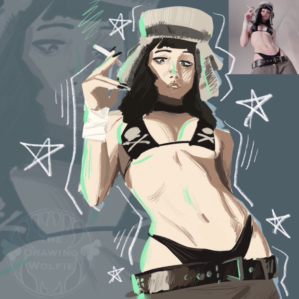 a roughly rendered drawing of a white girl with black hair, a gray hunting hat, a skimpy black bralette, and a black thong visible below low-buckled pants. she holds a cigarette between her fingers and looks downwards at the viewer semi-judgementally. the reference for the drawing is in the top right corner.