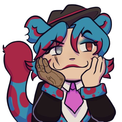 a chibi-esque drawing of a woman with blue and magenta hair. she has leopard ears and a leopard tail as well as a wooden hand on her right side. her hands are on her face and she has a smug expression.
