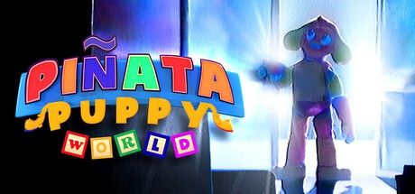 A game banner for a mascot horror entitled "Piñata Puppy World." The lead mascot is seen slightly obscured by backlight entering a storefront-style door. 