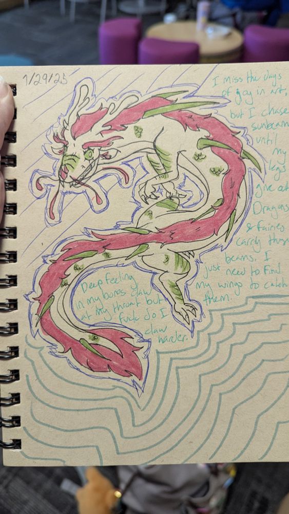 A drawing of an Asian-style dragon with writing surrounding half of it. The dragon is colored green and pink. 