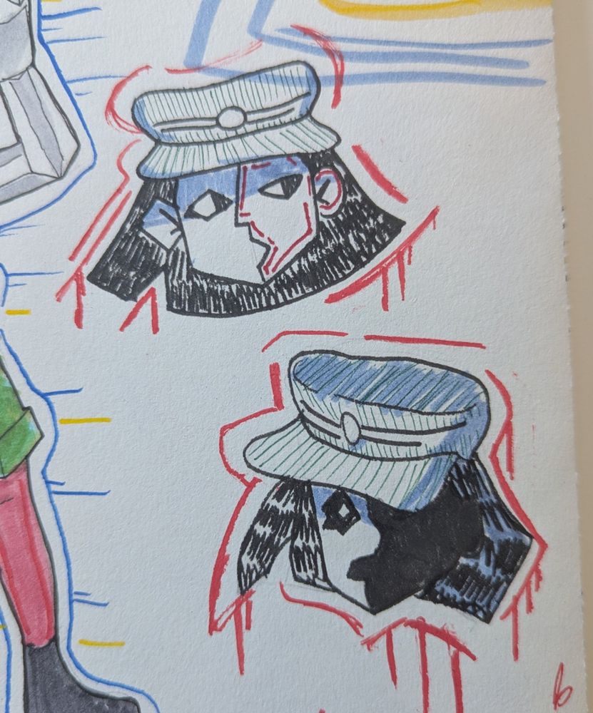 two doodles of ENA's head. the top one is looking to the right and the bottom one is distressed. her left side is normal and white, but her right side is entirely blacked out. 