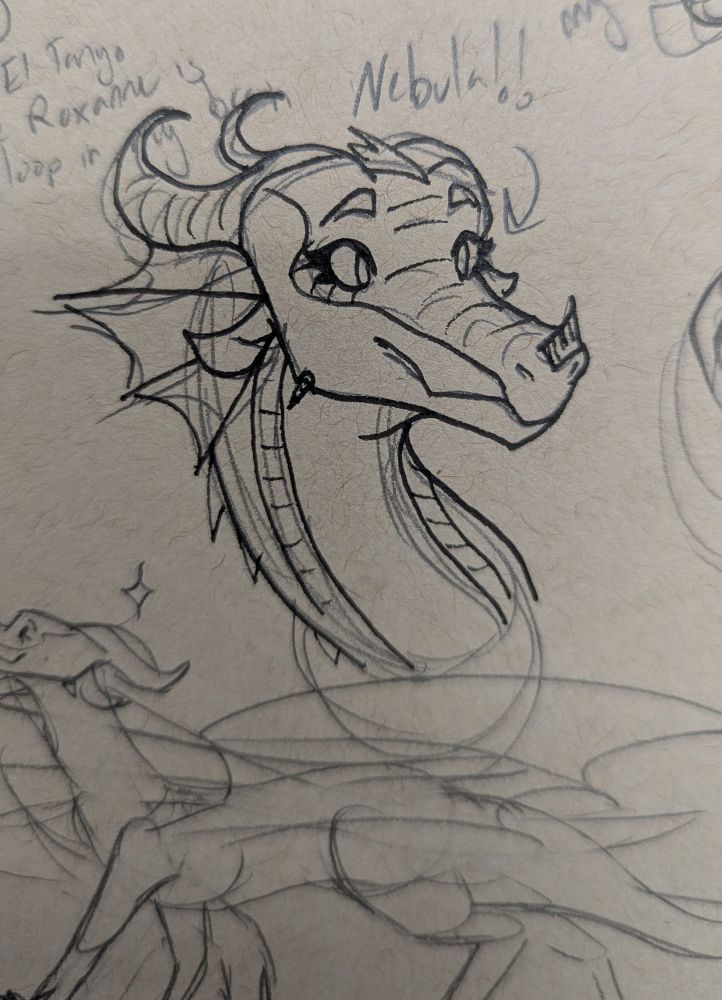 A sketchbook drawing of a dragon, specifically a RainWing from Wings of Fire. The dragon's expression reads as excited and happy. The name Nebula is scrawled next to her head. 