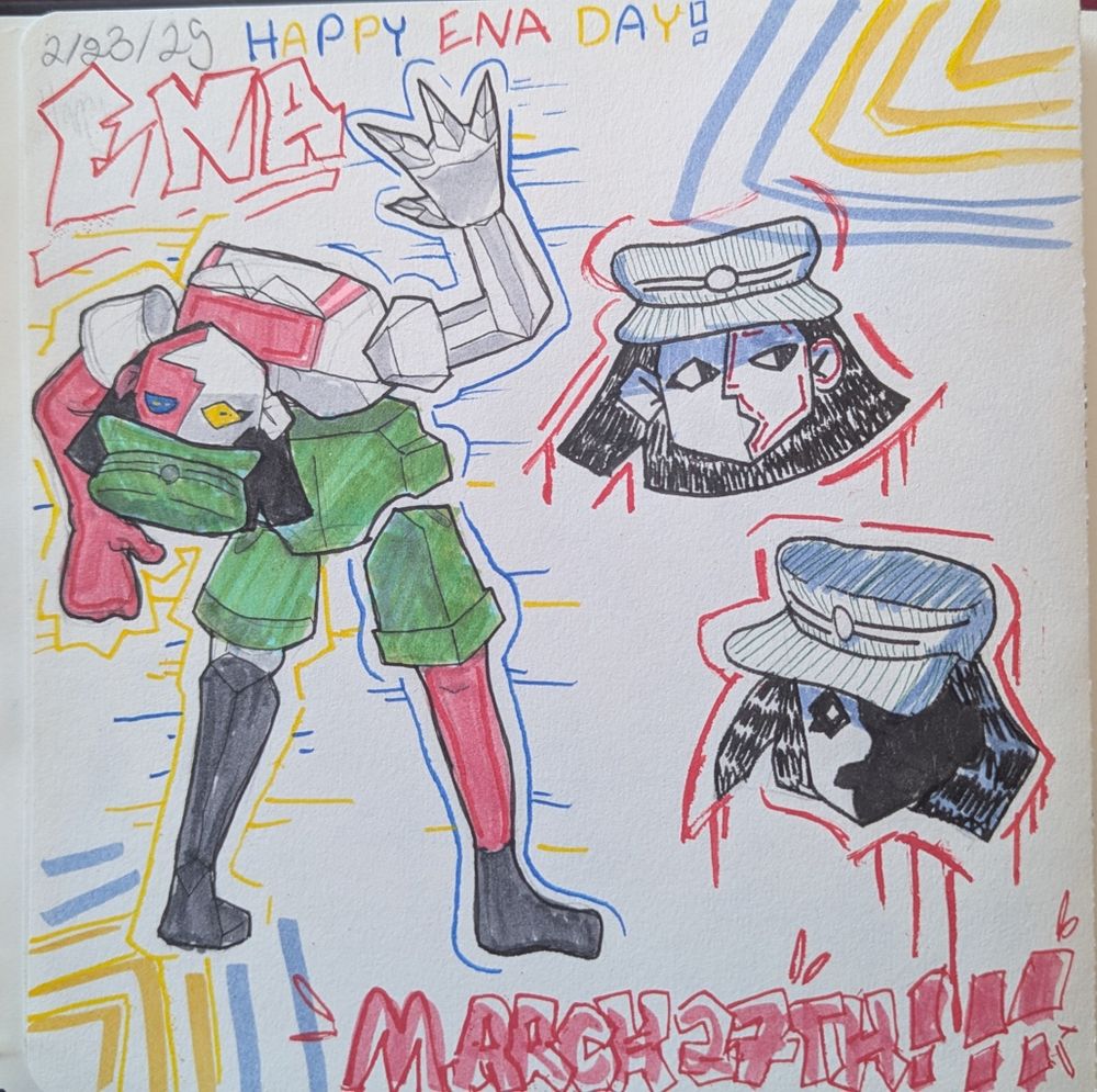 a sketchbook spread with drawings of ENA (specifically red and white ENA) from Joel Guerra's webseries. The words, from top to bottom, read: "Happy ENA day!", "ENA", "March 27th!". end description. 