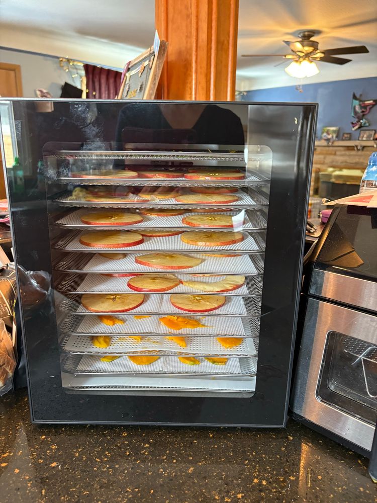 Food dehydrator loaded with trays. 