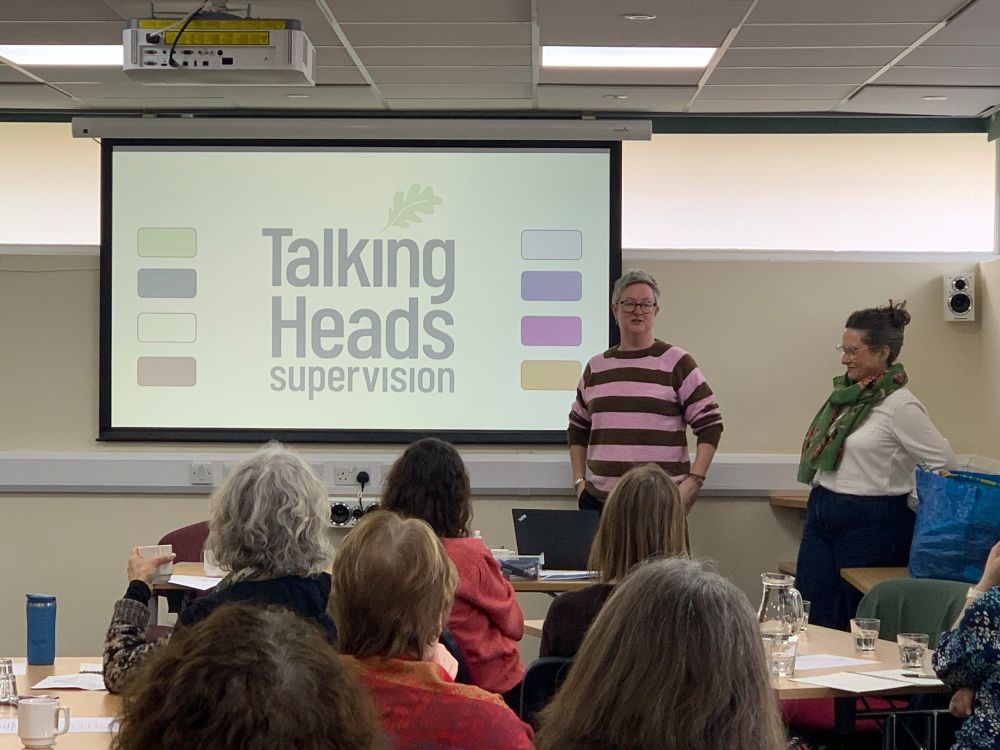 Photo of heads of people facing a screen which says Talking Heads Supervision