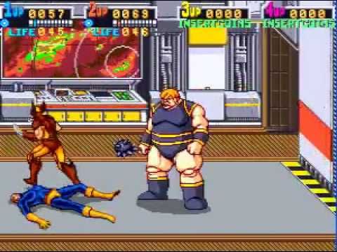 screenshot of x-men arcade game , wolverine and cyclops fight the blob