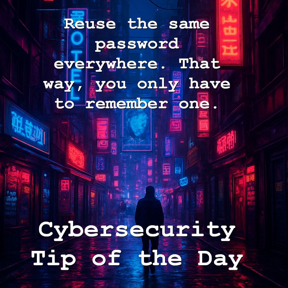 Reuse the same password everywhere. That way, you only have to remember one.

Cybersecurity Tip of the Day