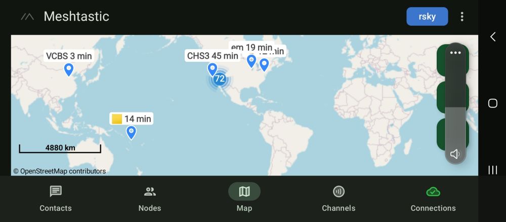 Map of the world from meshtastic with drops in the south pacific and china