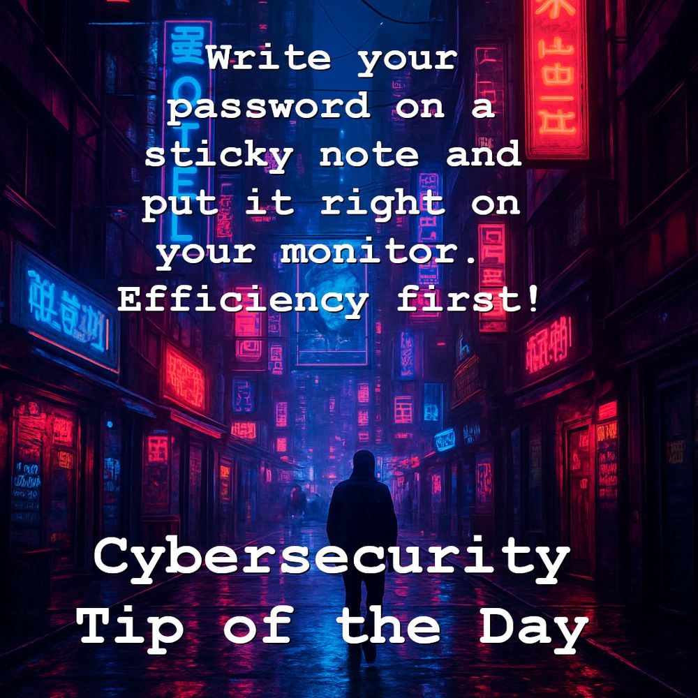 Write your password on a sticky note and put it right on your monitor. Efficiency first!
Cybersecurity Tip of the Day