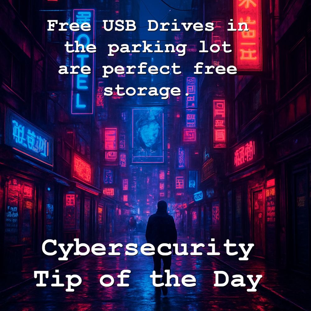 Free USB Drives in the parking lot are perfect free storage.

Cybersecurity Tip of the Day