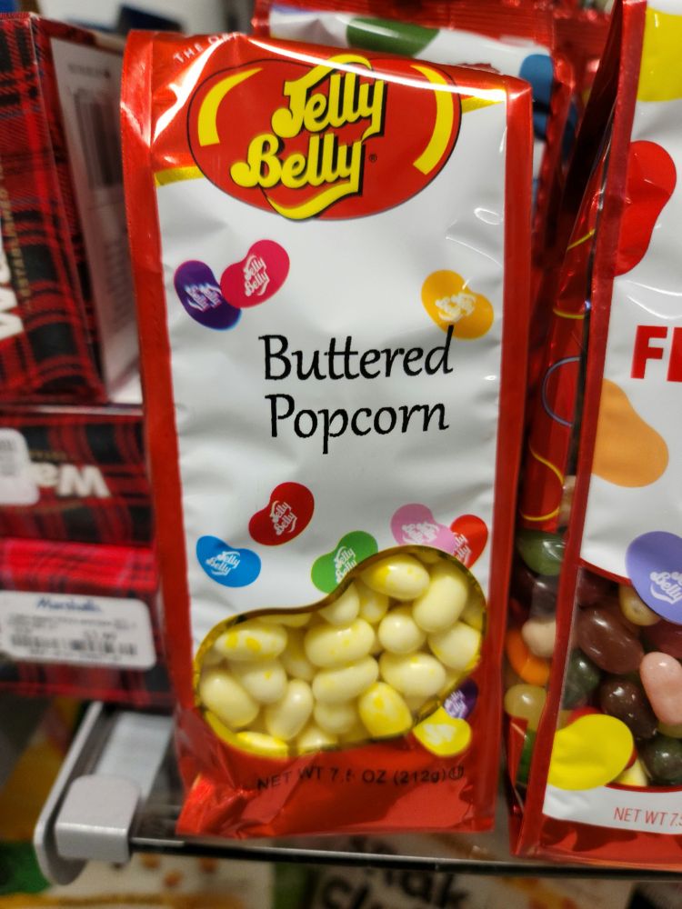 A photo of Jelly Belly Buttered Popcorn flavored bag. This is absolutely disgusting and would not exist if God existed.