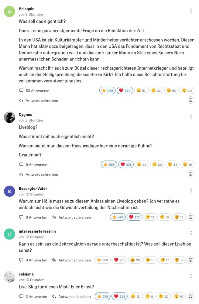 5 Kommentare unter dem Liveblog. Alle stellen mehr oder weniger die Frage, ob die dortige Redaktion den Verstand verloren hat. Zum Beispiel "Was soll das eigentlich?" oder "Warum bietet man diesem Hassprediger eine derartige Bühne?"