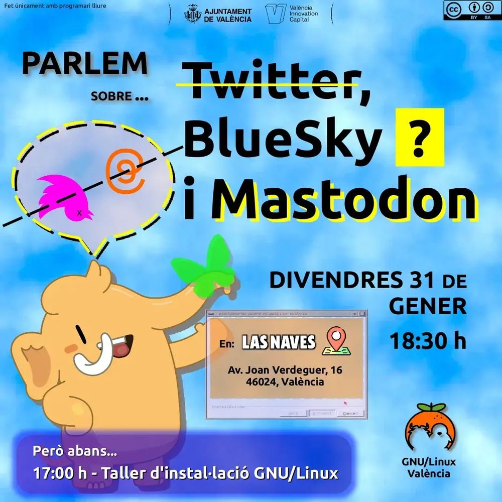 Cartel que anuncia el evento de "Hablemos", organizado por GNU/Linux València, con la temática de "Twitter, BlueSky y Mastodon", para el 31 de enero de 2025 a las 18:30. También se puede leer que estarán a las 17:00 realizando un pequeño taller de instalación. El evento se realizará en Las Naves, en Avenida Joan Verdeguer, 16, València.