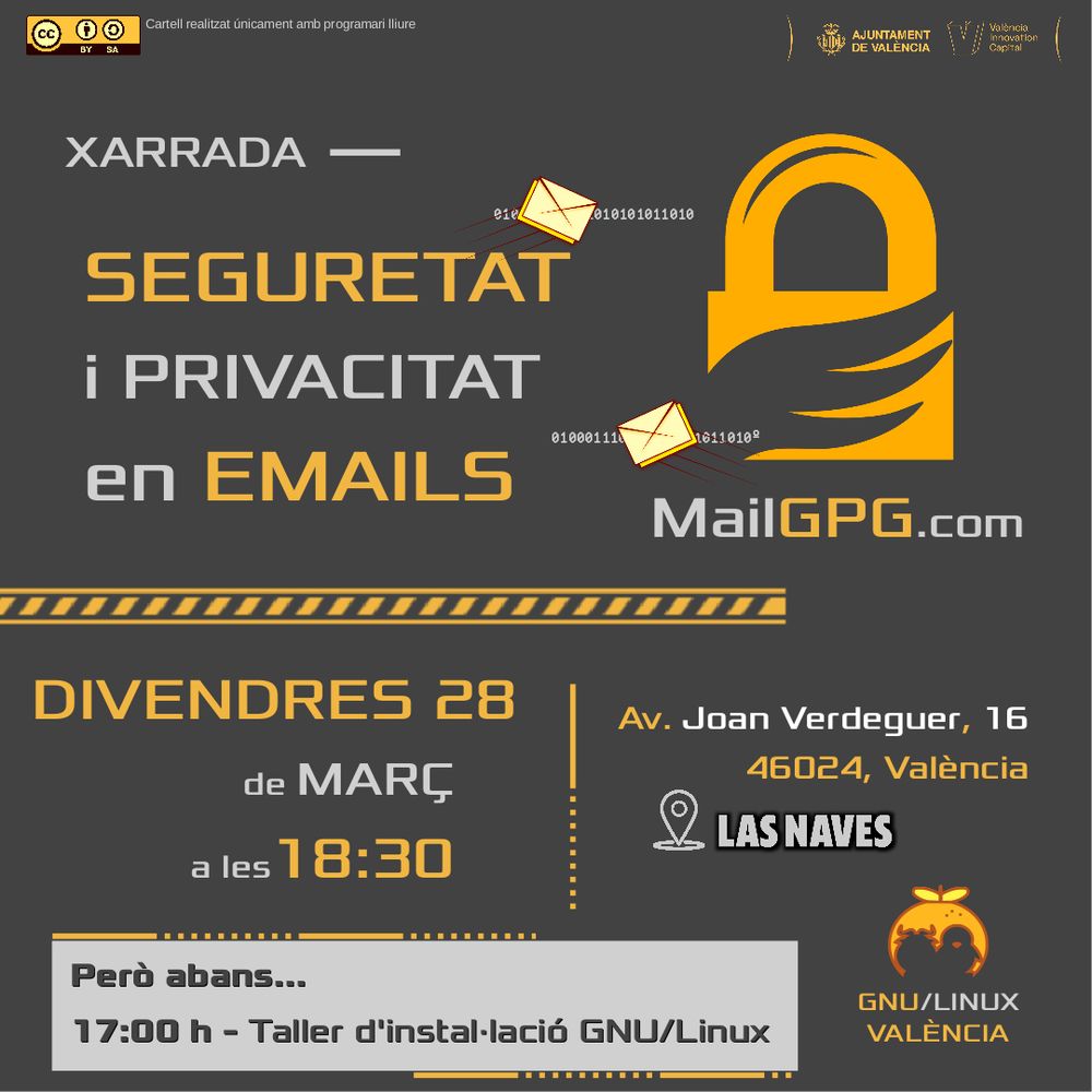 Cartel de una charla titulada "Seguridad y privacidad en emails", donde aparece el logo de GnuPG, y la dirección de mailGPG.com; la charla será el viernes 28 de Marzo a las 18:30, en Las Naves. Concretamente en Avenida Joan Verdeguer, 16, 46024, València. Un pequeño cartel en la zona inferior avisa que antes, a las 17:00, se realizará un pequeño taller de instalación de GNU/Linux. Charla organizada por la asociación GNU/Linux València.