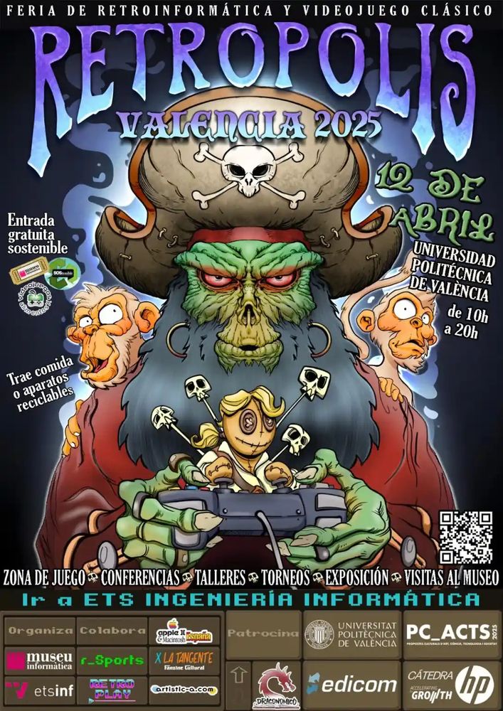 Cartel sobre la feria Retrópolis, "feria de retroinformática y videojuego clásico". Se celebrará el 12 de Abril en la Universitat Politècnica de València, de 10:00 a 20:00. La entrada es gratuita-sostenible; es decir, que debes traer alimentos no perecederos o aparatos reciclables. Se indica que habrá zona de juego, conferencias, talleres, torneos, exposición, y visitas al museo. En particular el festival se realiza en la Escuela Técnica Superior de Ingeniería Informática, de la UPV. Organiza el Museu d'Informàtica i la ETSINF.