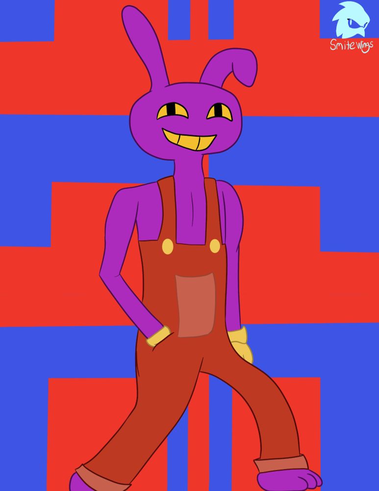 Jax, the purple rabbit from TADC walking in front of a carnival themed red and blue background