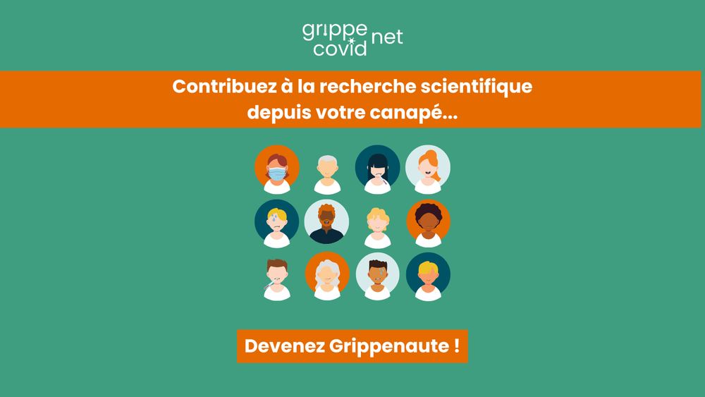 Visuel du projet grippe net covid net qui propose de contribuer à la recherche scientifique depuis son canapé en devenant Grippenaute. Douze pictogrammes représentant des bustes soulignent que le public ciblé est large et que l'étude se veut inclusive.