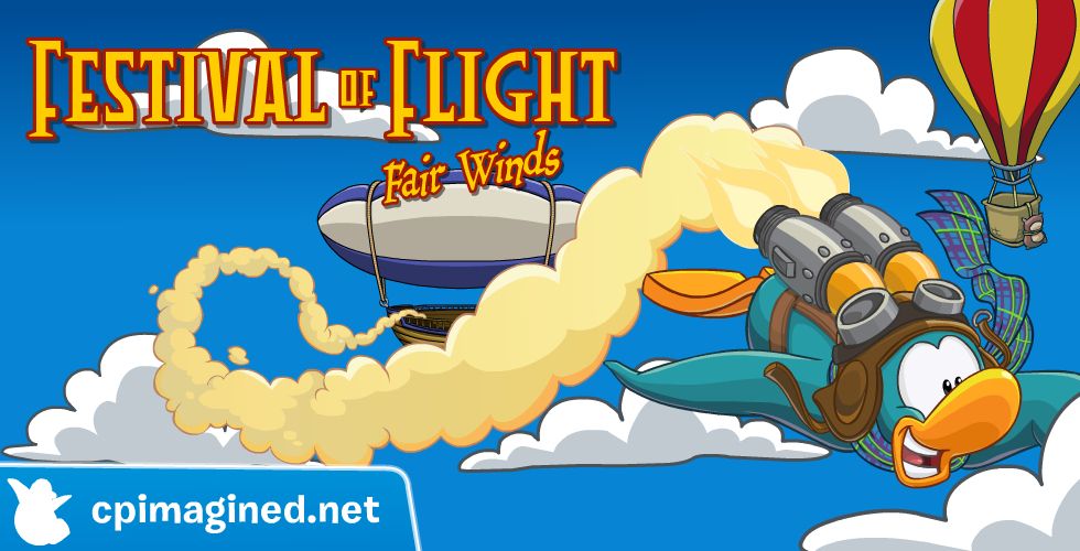 A penguin in a jet pack flies away from an airship.