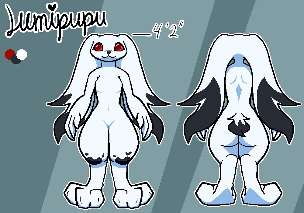 Reference sheet for a white anthropomorphic bunny character. The bunny is called Lumipupu, is four feet and two inches tall, has dark spots on the tips of her ears, her tail, and her knees.