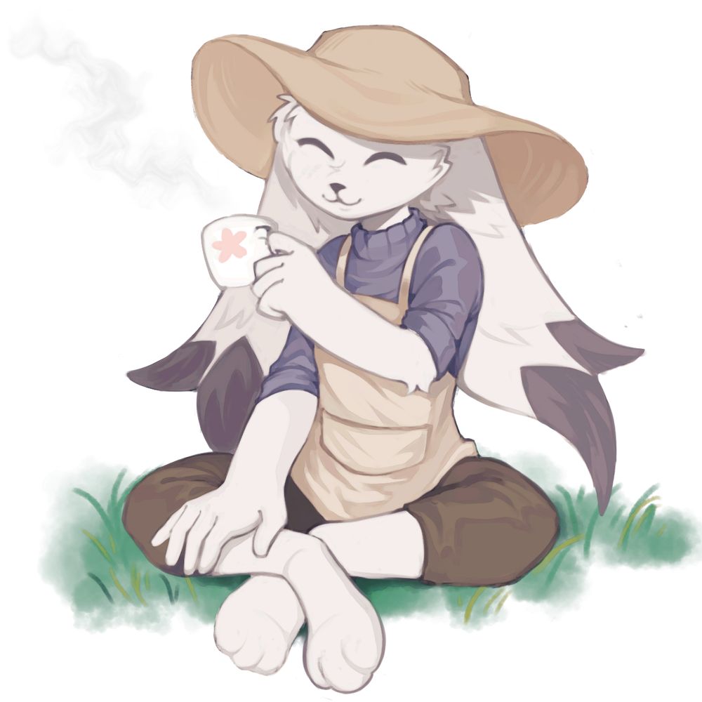The bunny character sitting down on the grassy ground, drinking tea while wearing a large sunhat, blue sweater, brown pants, and an apron.