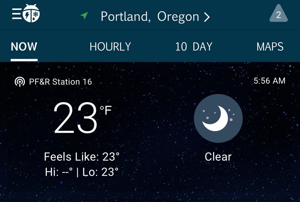 A screen shot of a weather app that shows the current temperature in Portland, OR is 23 F.